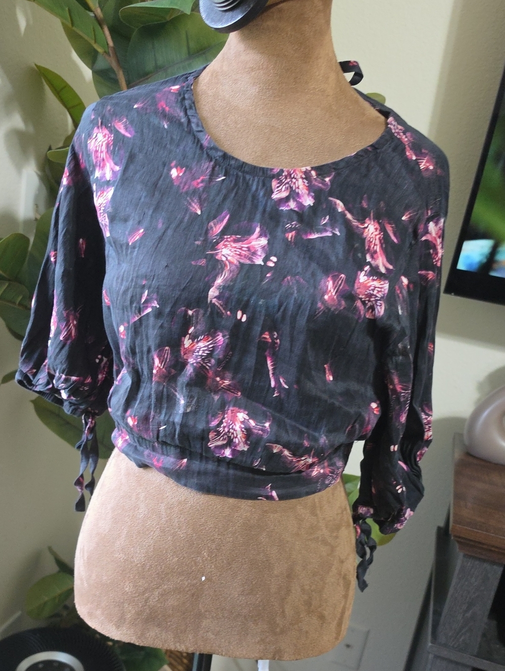 All Saints Black Crop Top with Pink Floral Print